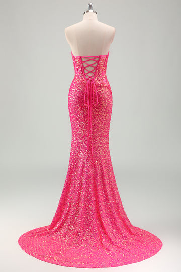Sparkly Fuchsia Mermaid Strapless Corset Sequins Long Prom Dress with Slit